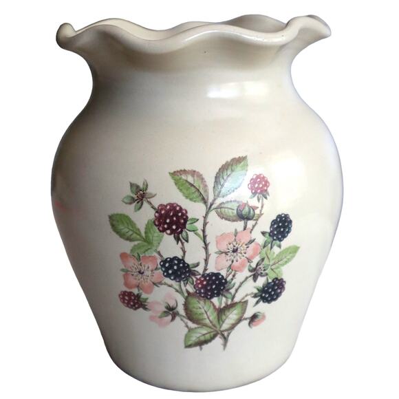 Vintage 80s 90s Vase Studio Pottery Floral Blackberries Wavy Scalloped Ruffled - Picture 1 of 7